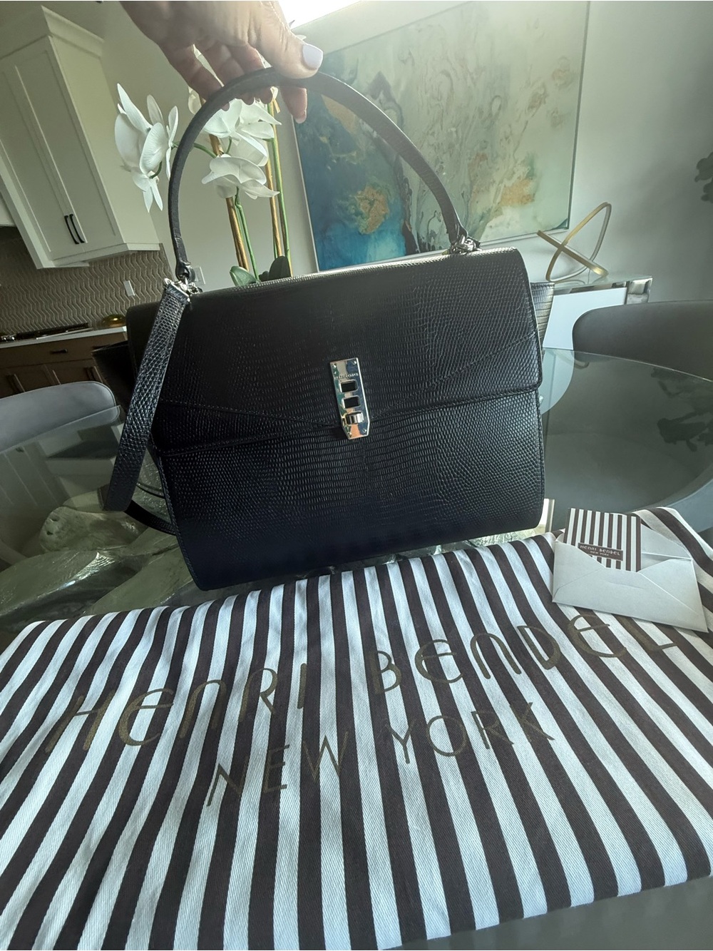 Henri Bendel Black Textured Top-Handle Satchel with Shoulder Strap